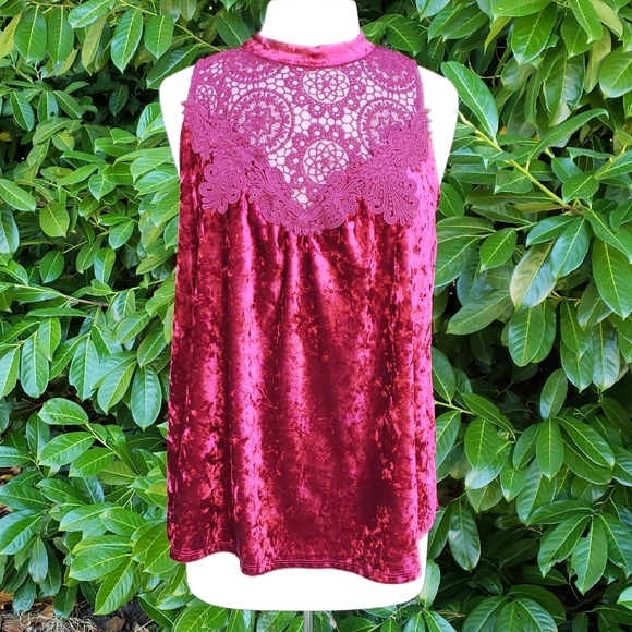 Y2K Elegant Lace Crushed Velvet Women's Top - Burgundy Juniors 15-17 Sleeveless - Picture 1 of 9